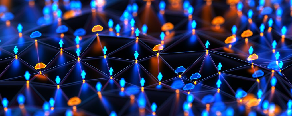 Futuristic digital network background. People and cloud computing with connections technology. Internet security and privacy concept. Big data and communications.