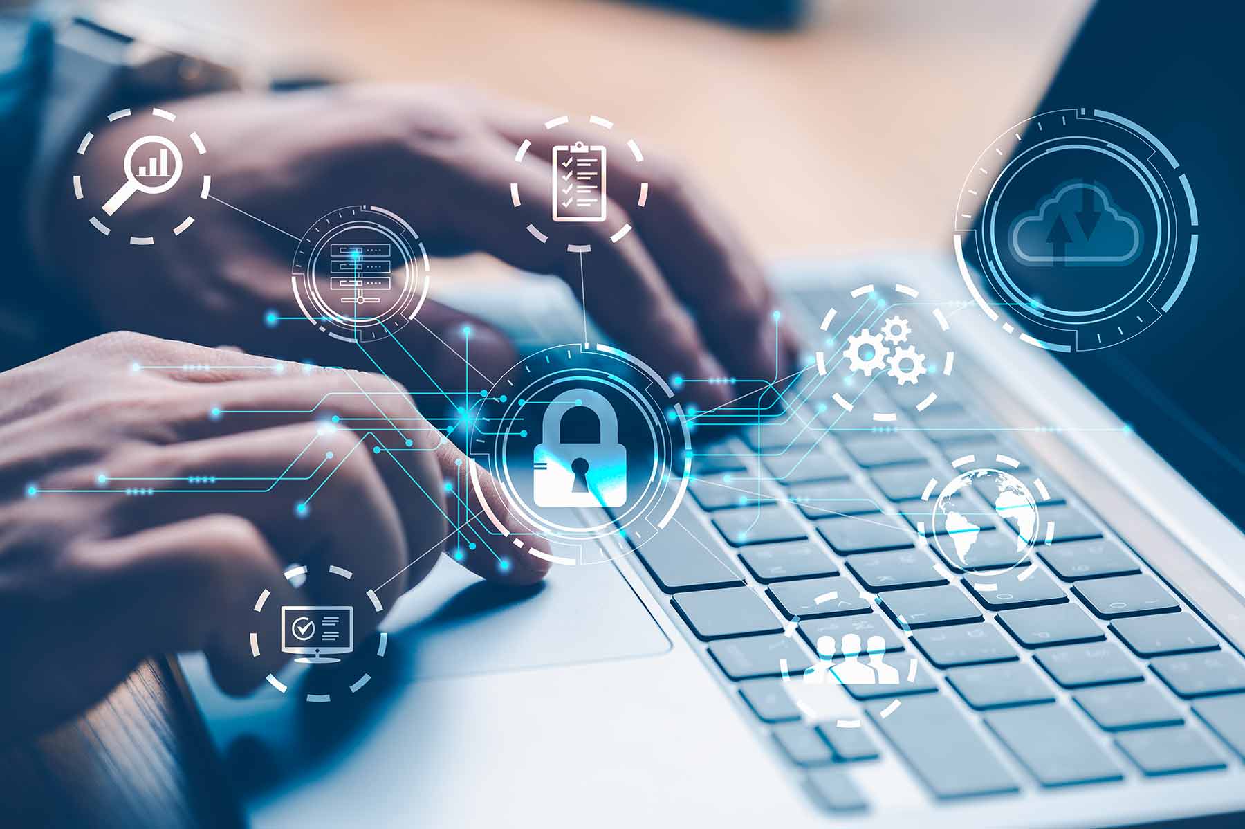 Hands operating a laptop, overlaid with illustration showing verification techniques
